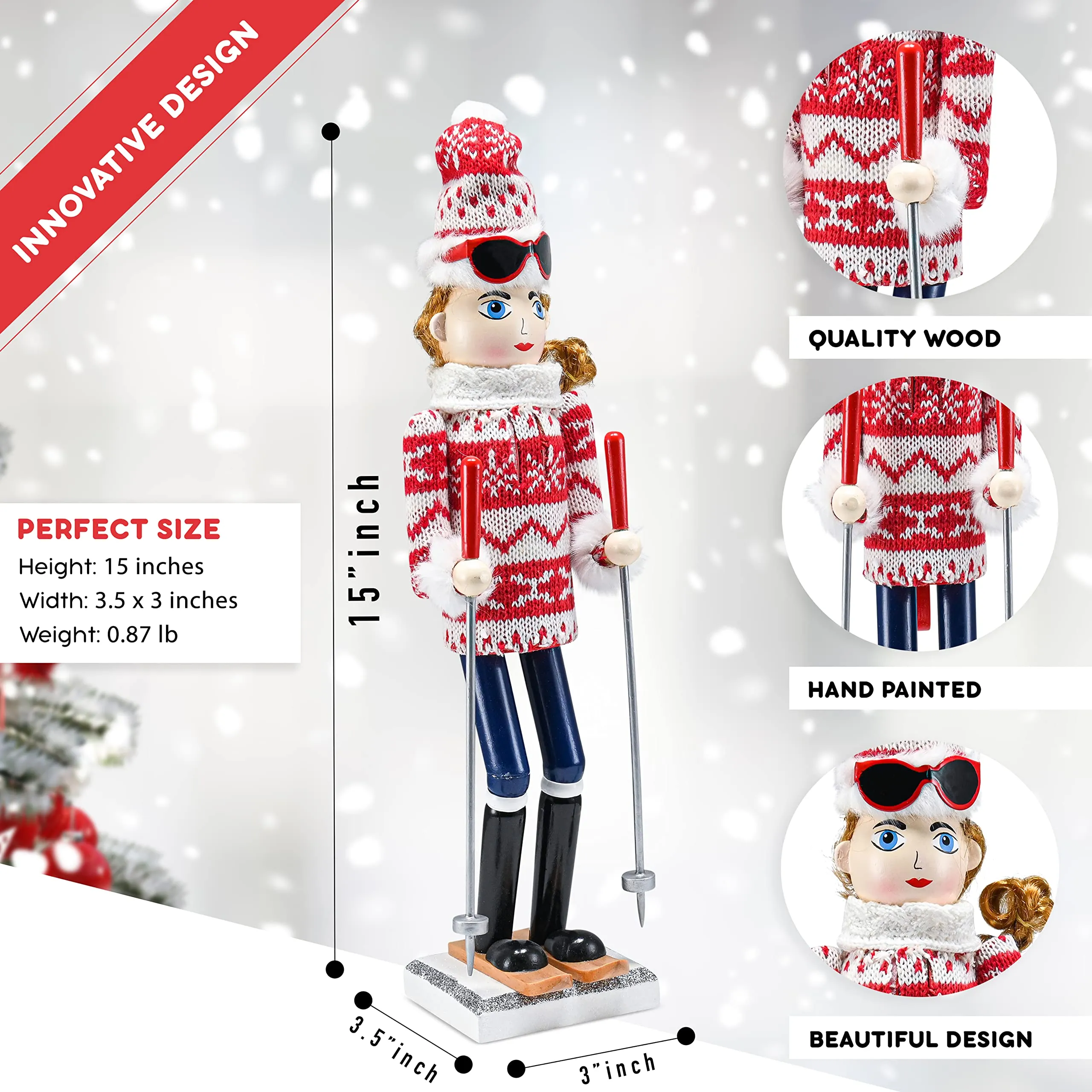 Christmas Woman Skier Nutcracker – Red and White Wooden Nutcracker Woman with Ugly Sweater and Ski Sticks in Skiing Pose Xmas Themed Holiday Nut Cracker Doll Figure Decorations