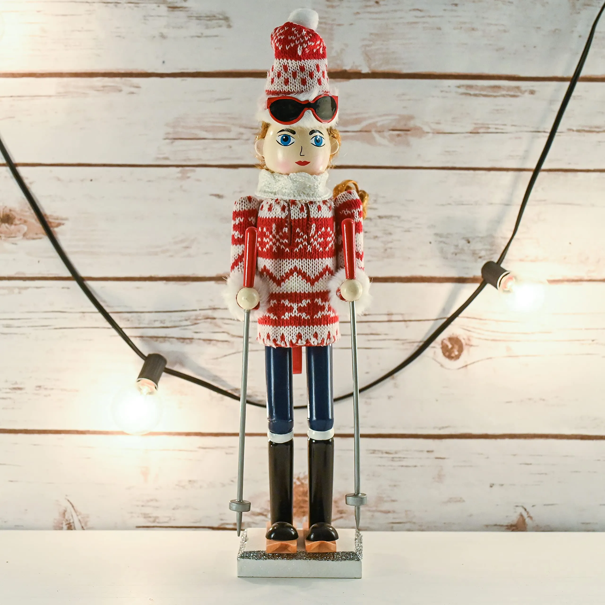 Christmas Woman Skier Nutcracker – Red and White Wooden Nutcracker Woman with Ugly Sweater and Ski Sticks in Skiing Pose Xmas Themed Holiday Nut Cracker Doll Figure Decorations