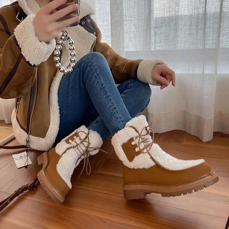 deanwangkt  fashion inspo   NEW Winter Boots Women Split Leather Shoes for Women Round Toe Chunky Heel Women Boots Platform Snow Boots Warm Plush Boots