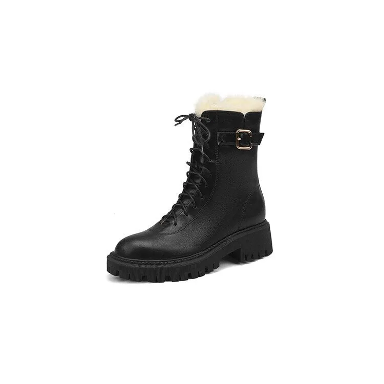 deanwangkt  fashion inspo    Winter Women Boots Round Toe Chunky Boot Women Split leather Shoes Women Thick Heel Boots Wool Blend Warm Boots Black Snow Boots