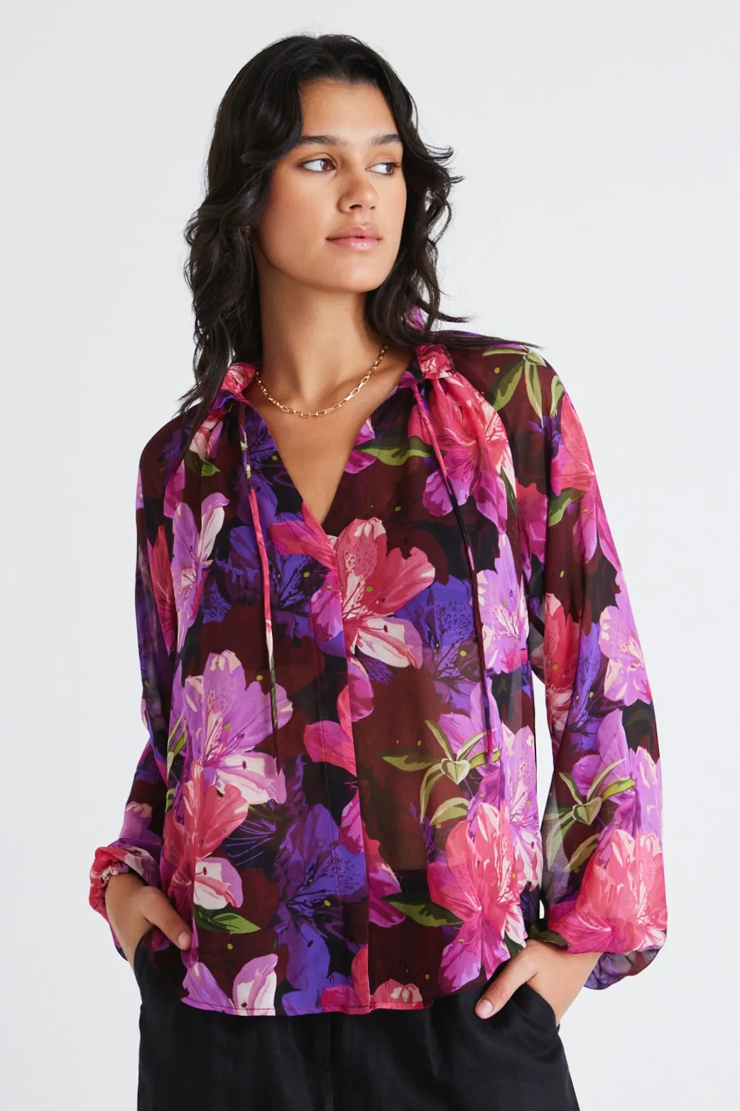 Deft Purple Orchids Georgette LS Blouse