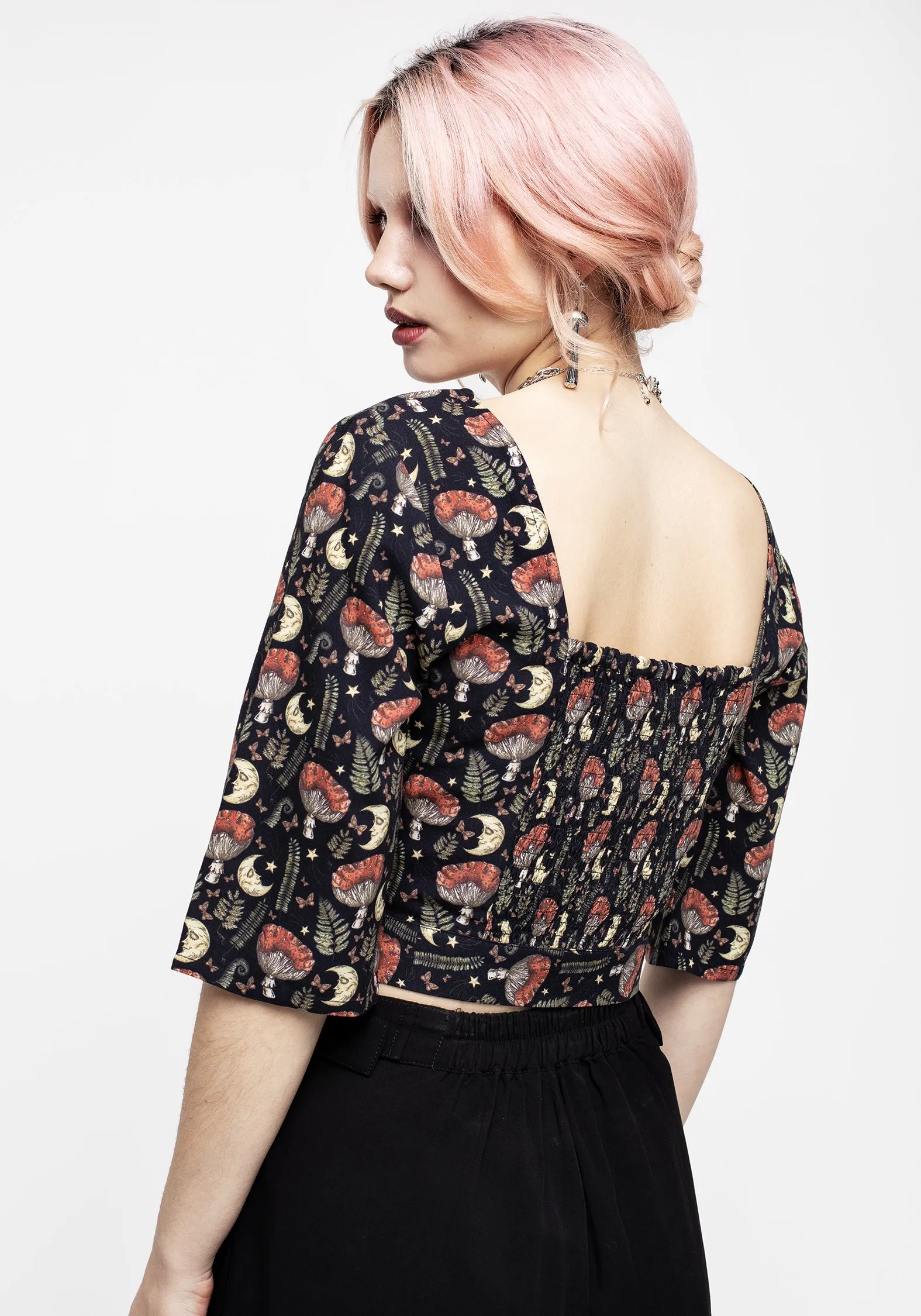 Dreamfast Mushroom Moon Print Button Up Tie Crop Top