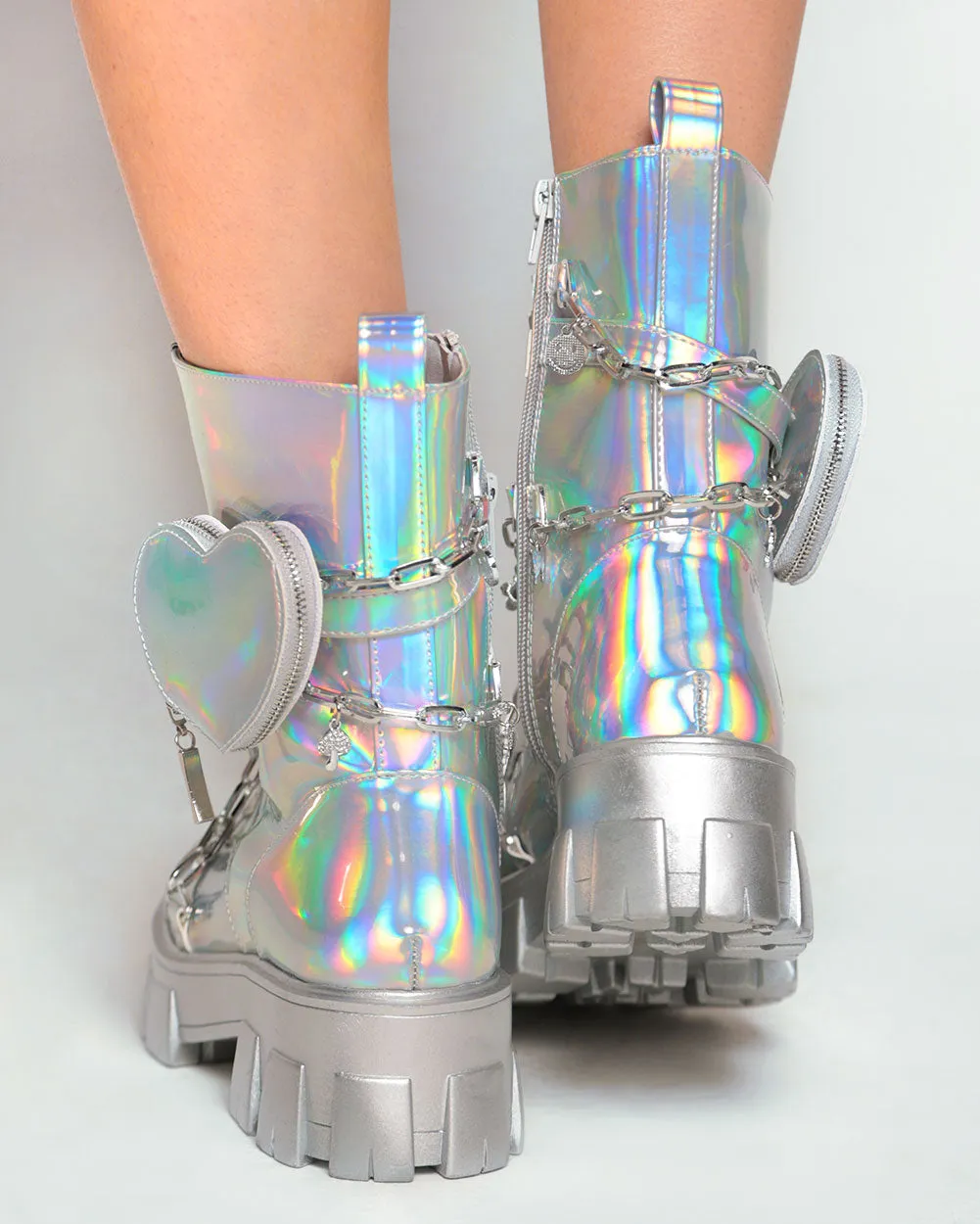 Dreamy Dazzle Holo Combat Boots With Charms & Heart Pocket