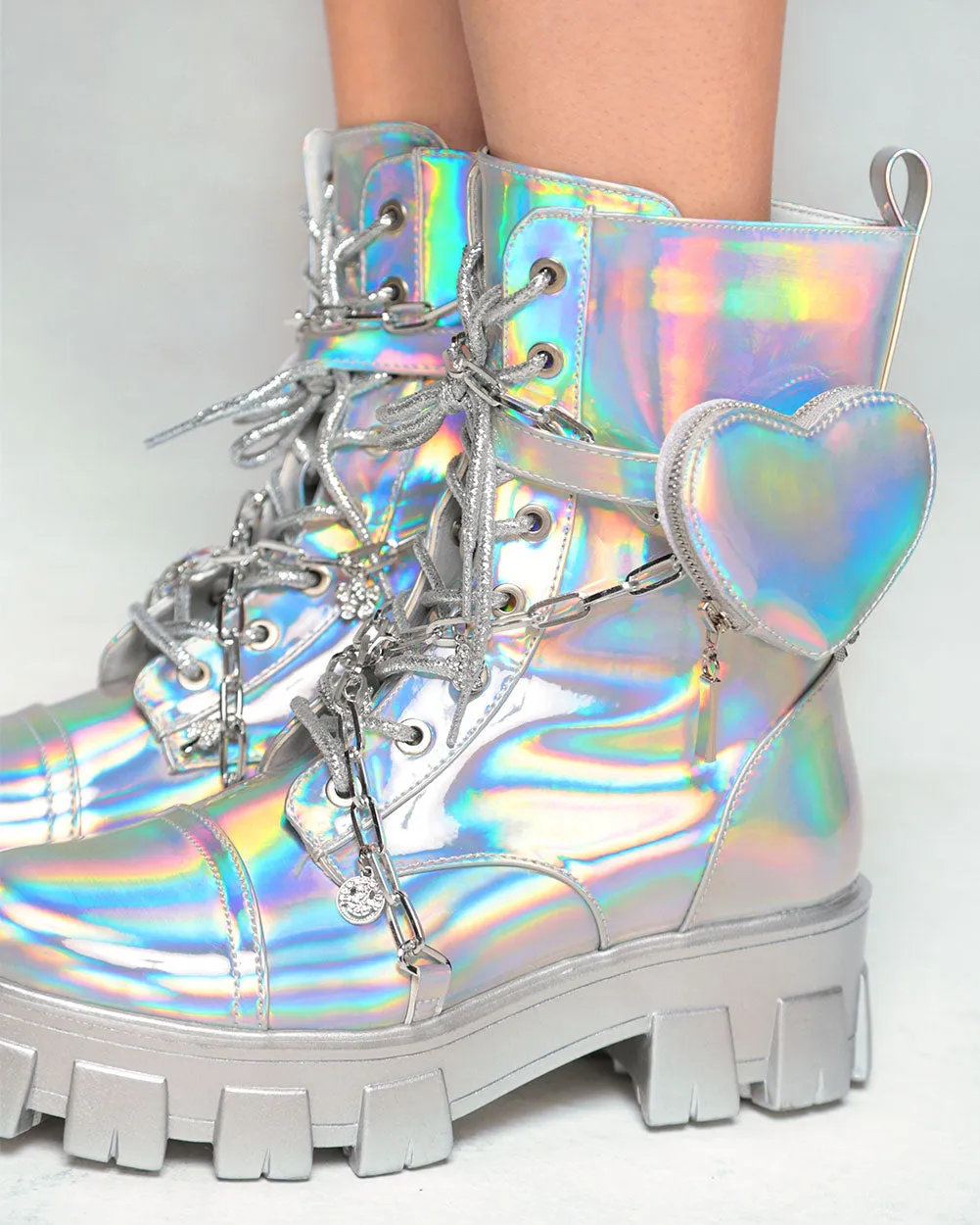 Dreamy Dazzle Holo Combat Boots With Charms & Heart Pocket