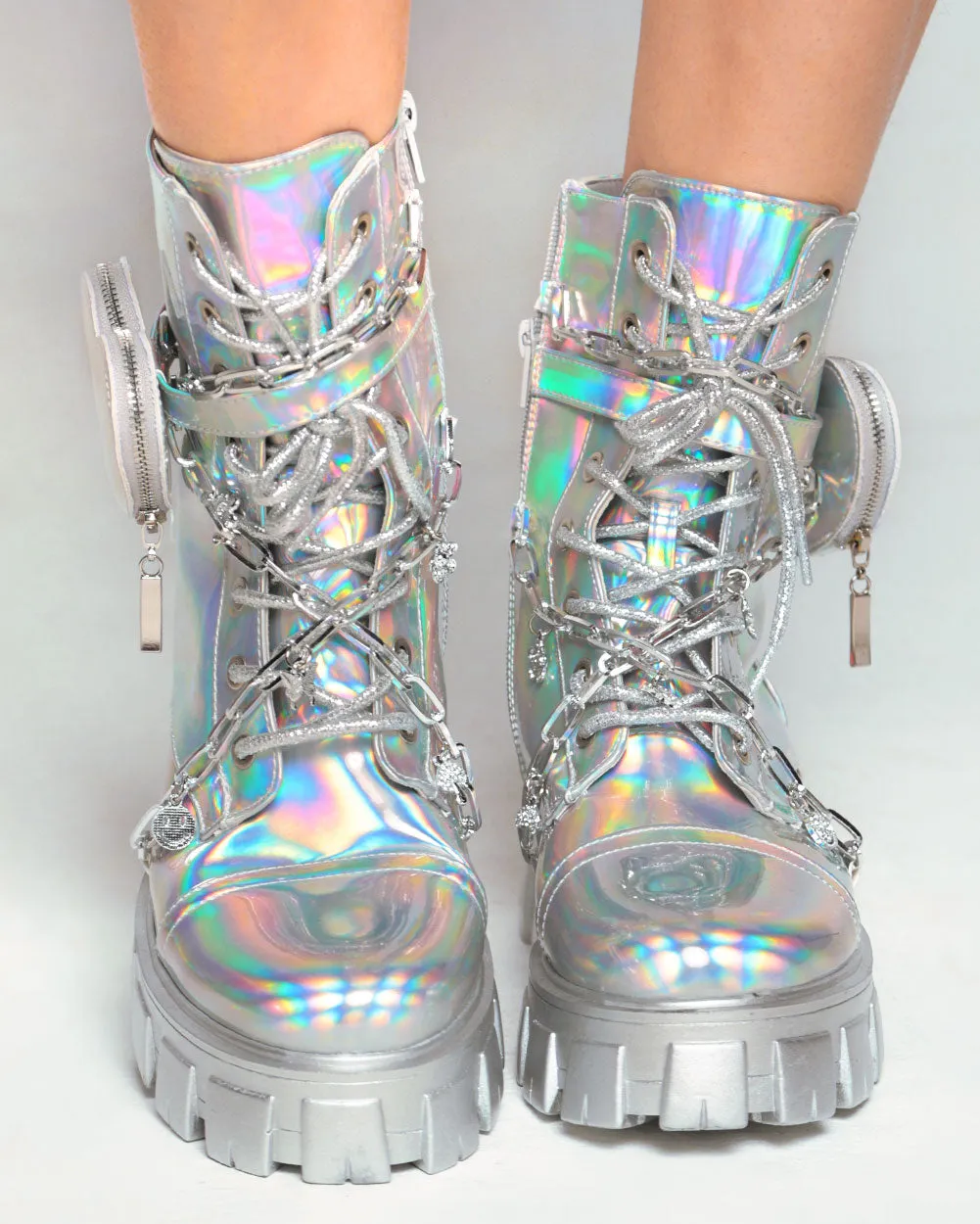 Dreamy Dazzle Holo Combat Boots With Charms & Heart Pocket