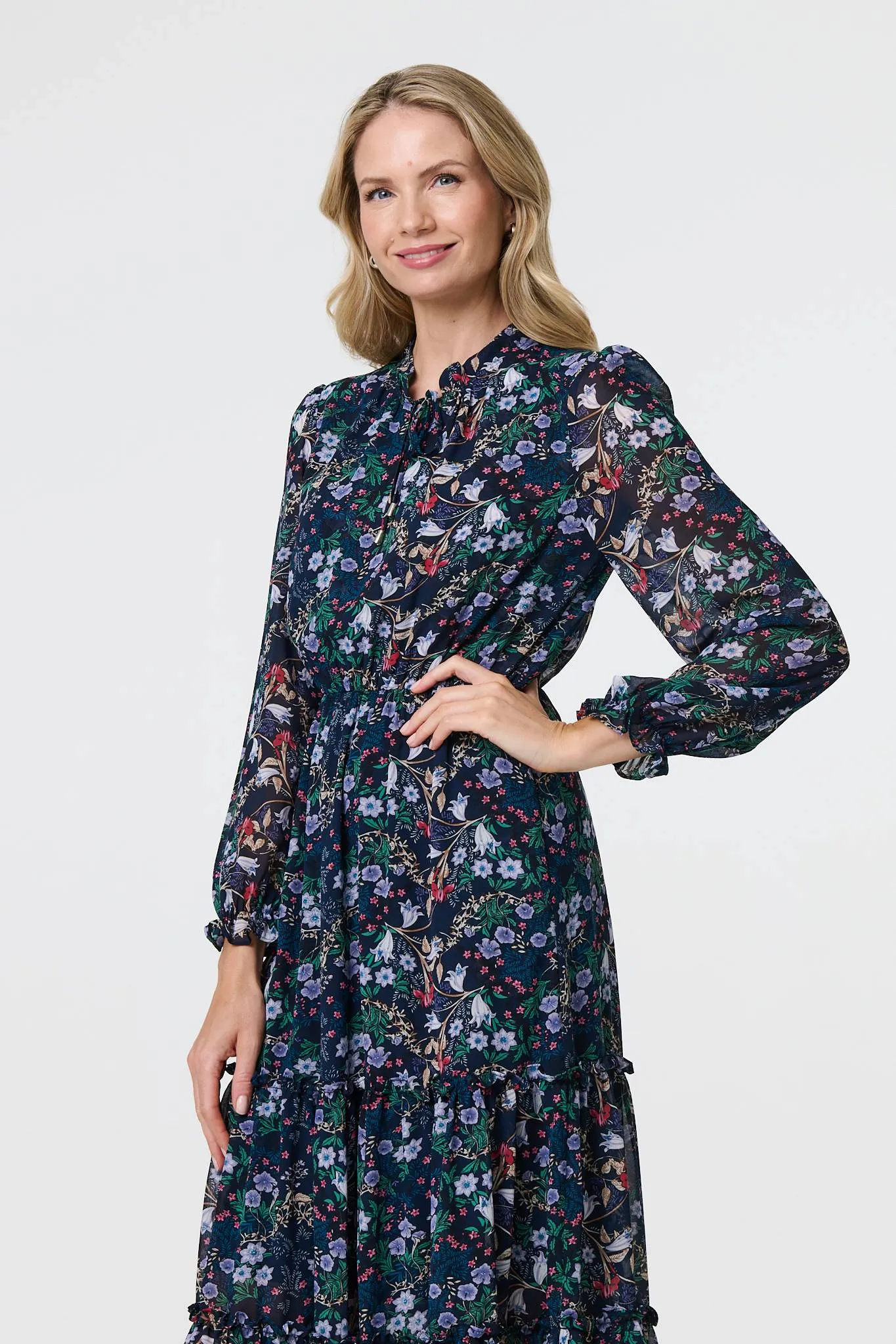 Floral Print Semi Sheer Midi Dress