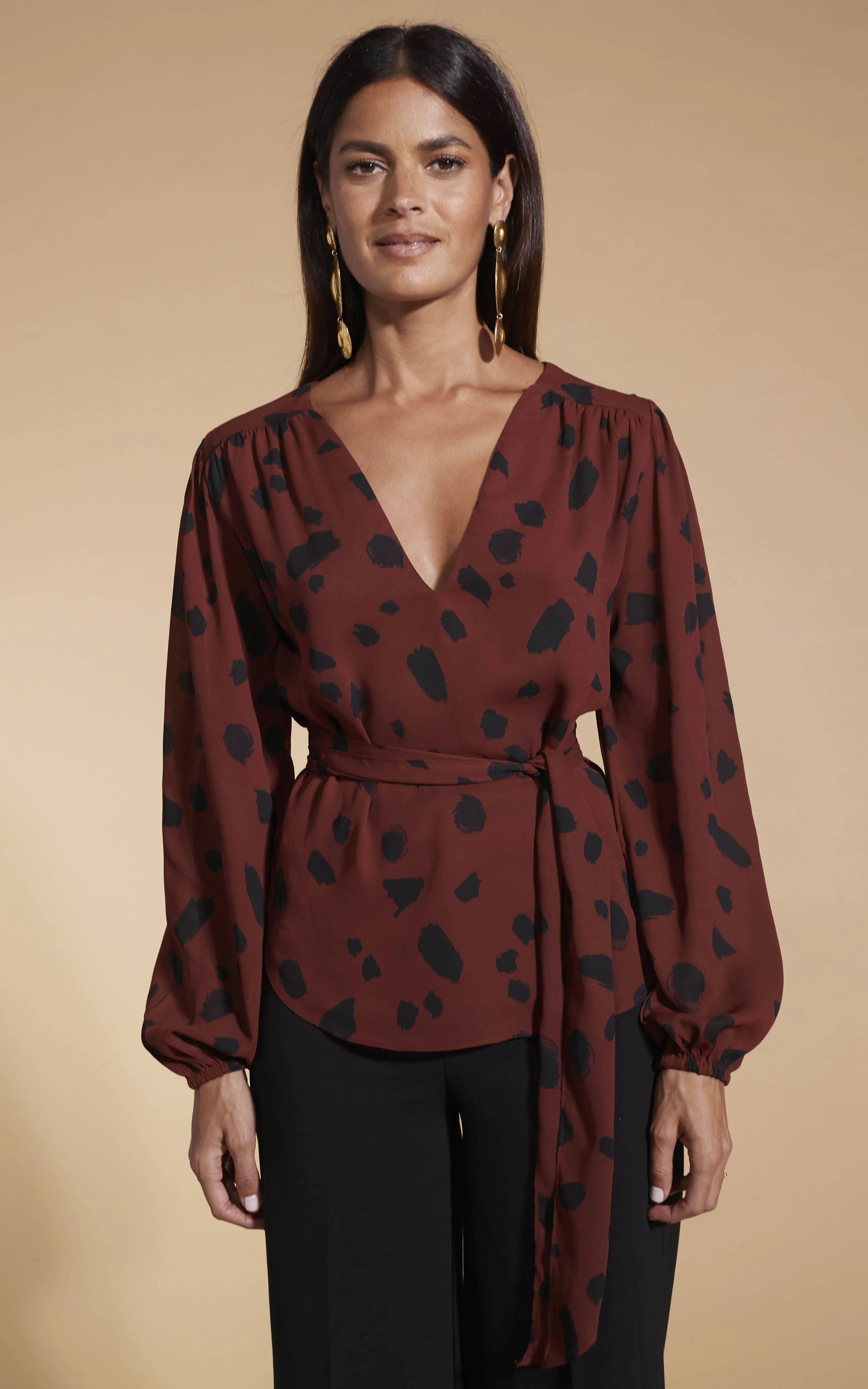 Lyma (multi-way) Tie Neck Top In Abstract Dot Black On Rust