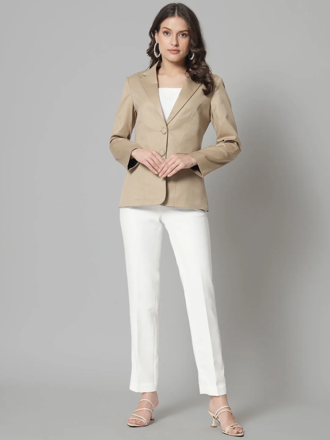 Notch Collar Poly Cotton Blazer- Beige