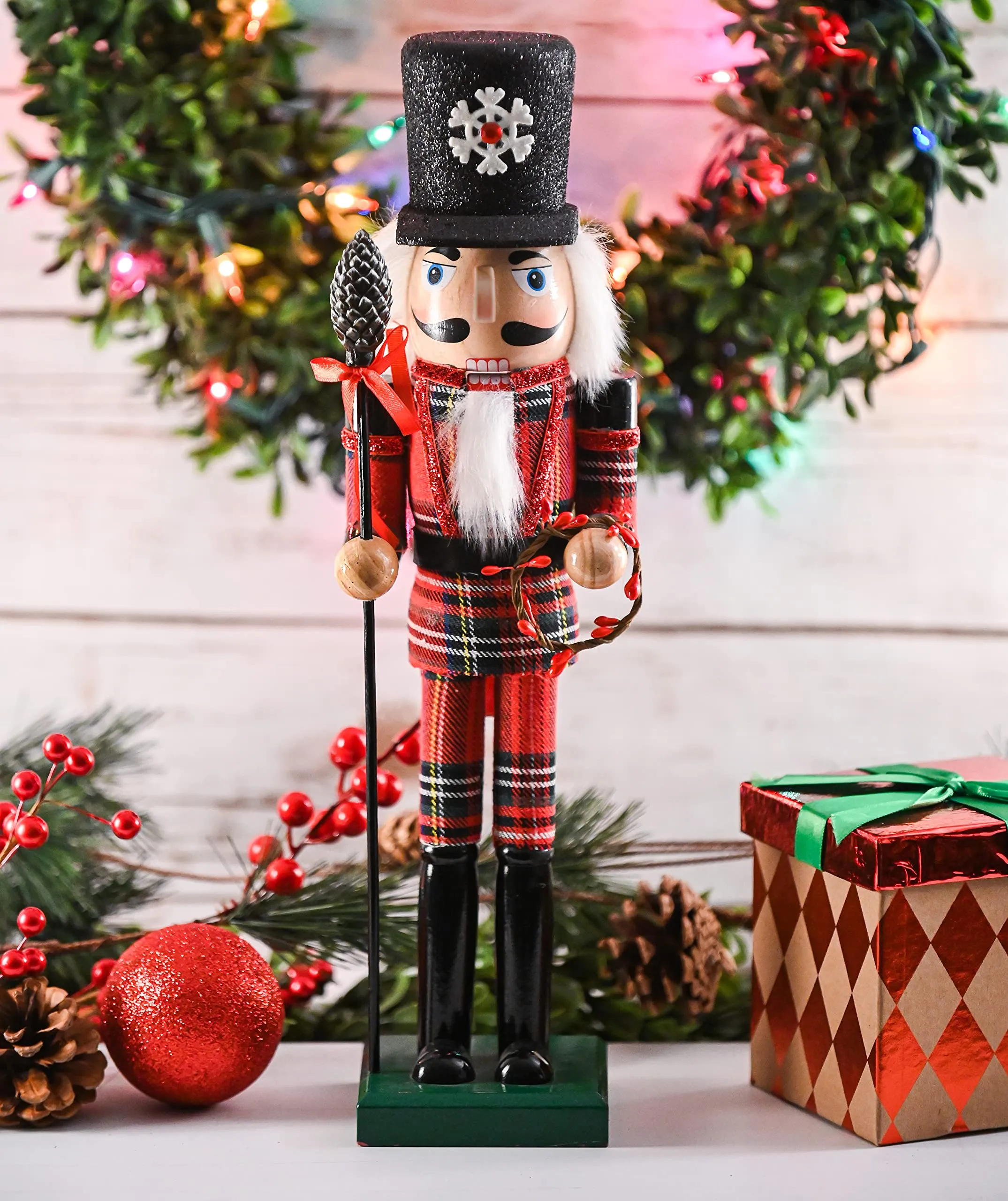 Ornativity Christmas Buffalo Plaid Nutcracker – Red and Black Wooden Nutcracker Soldier with an Acorn Staff and Holly Berries Wreath Xmas Themed Holiday Nut Cracker Doll Figure Decorations