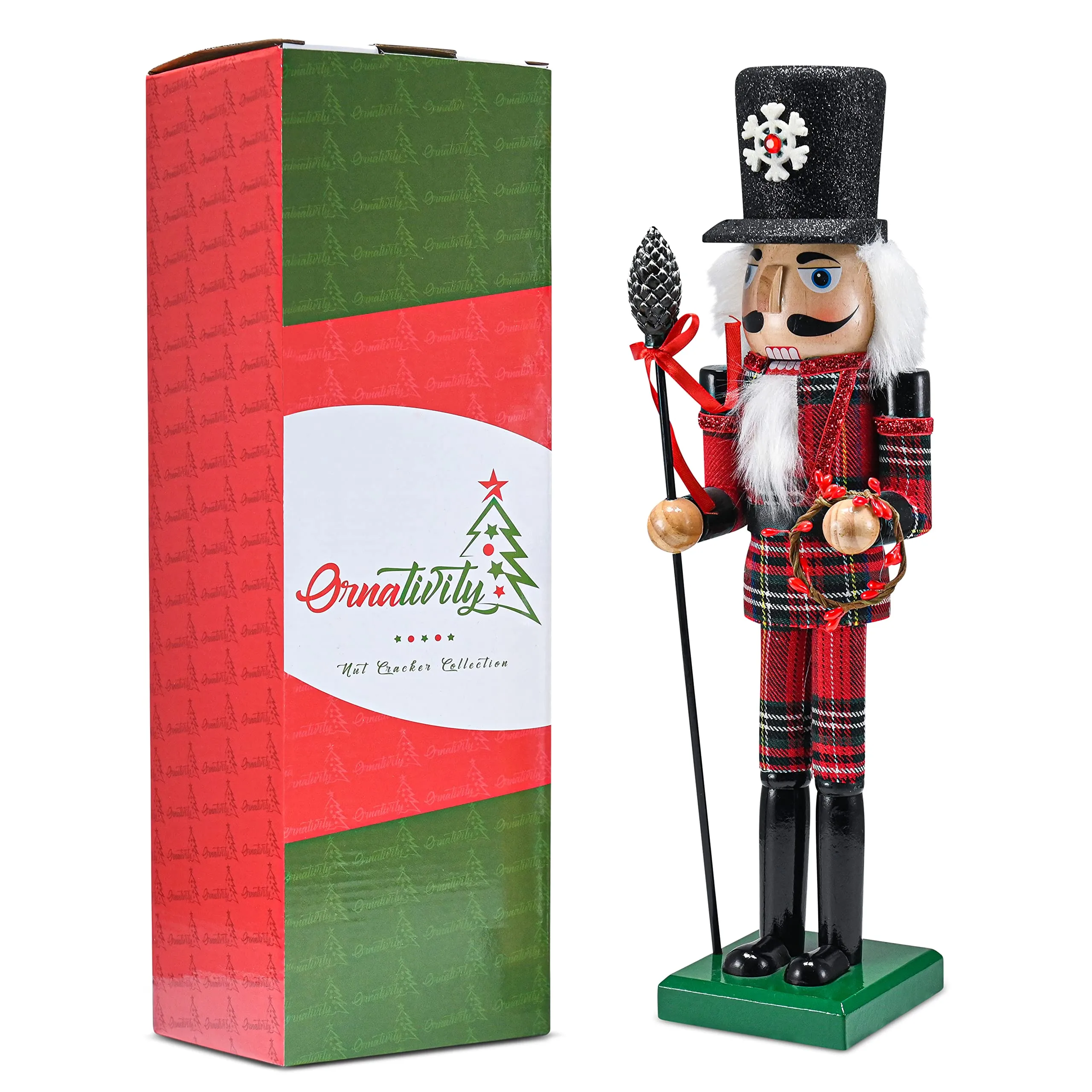 Ornativity Christmas Buffalo Plaid Nutcracker – Red and Black Wooden Nutcracker Soldier with an Acorn Staff and Holly Berries Wreath Xmas Themed Holiday Nut Cracker Doll Figure Decorations