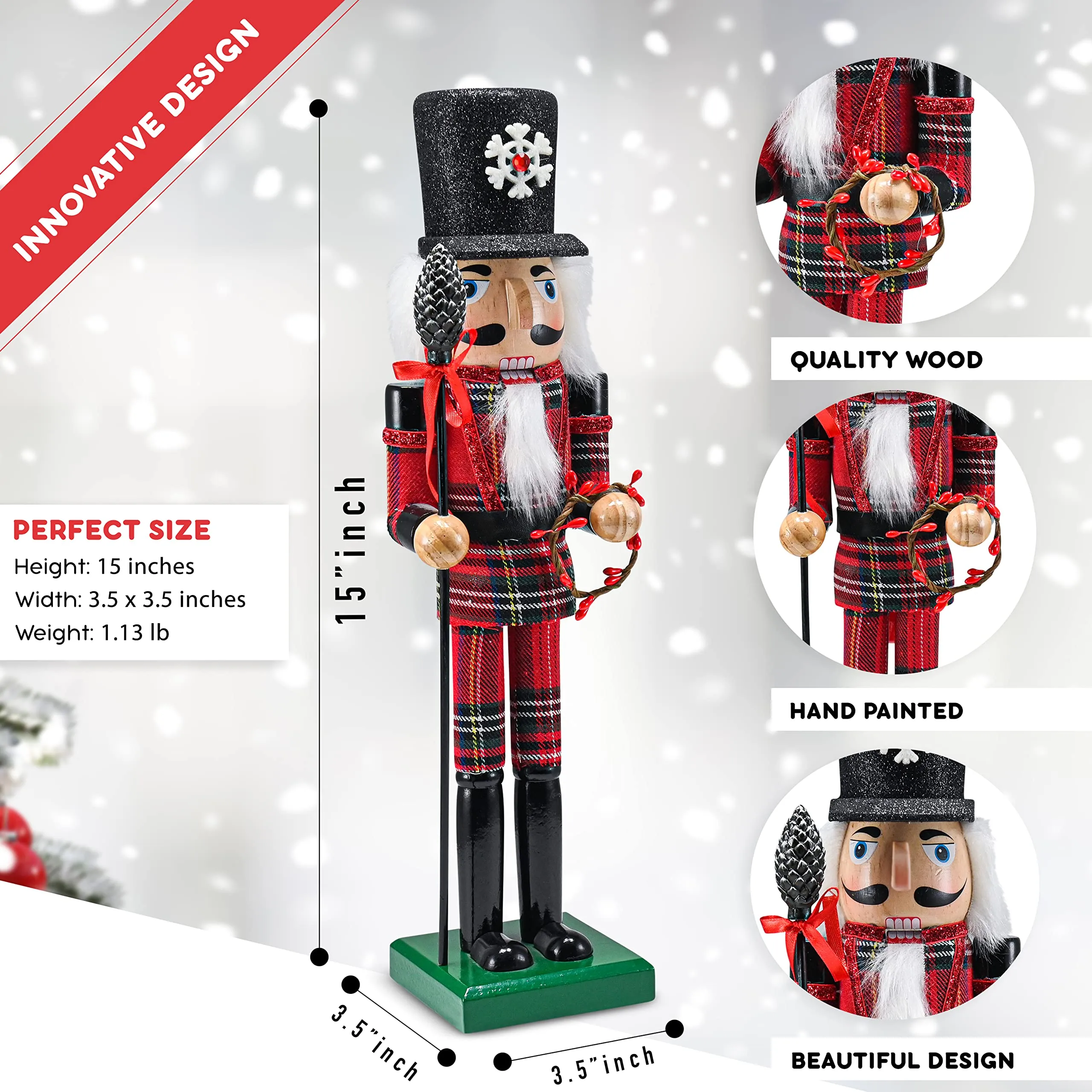 Ornativity Christmas Buffalo Plaid Nutcracker – Red and Black Wooden Nutcracker Soldier with an Acorn Staff and Holly Berries Wreath Xmas Themed Holiday Nut Cracker Doll Figure Decorations