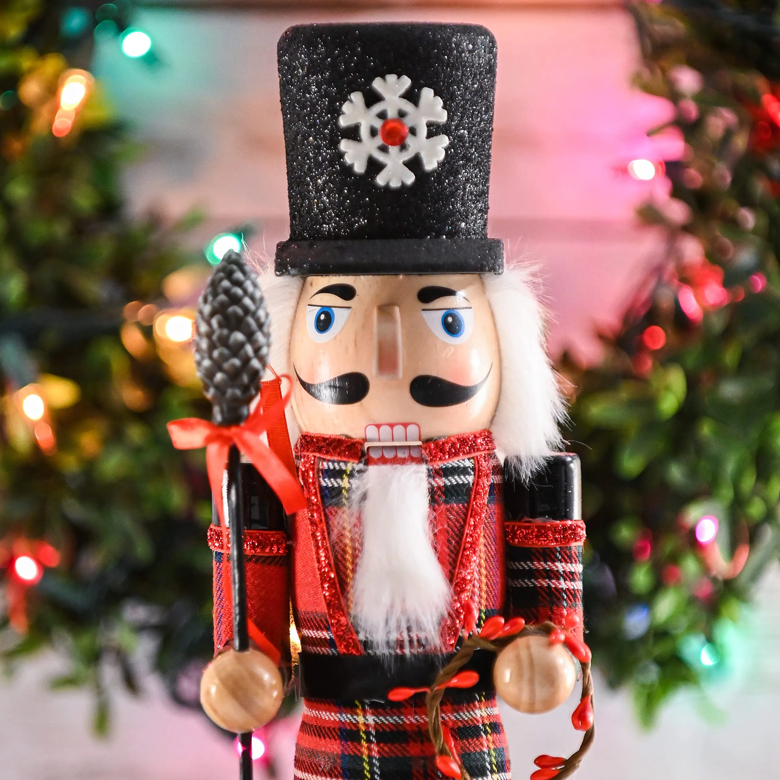 Ornativity Christmas Buffalo Plaid Nutcracker – Red and Black Wooden Nutcracker Soldier with an Acorn Staff and Holly Berries Wreath Xmas Themed Holiday Nut Cracker Doll Figure Decorations