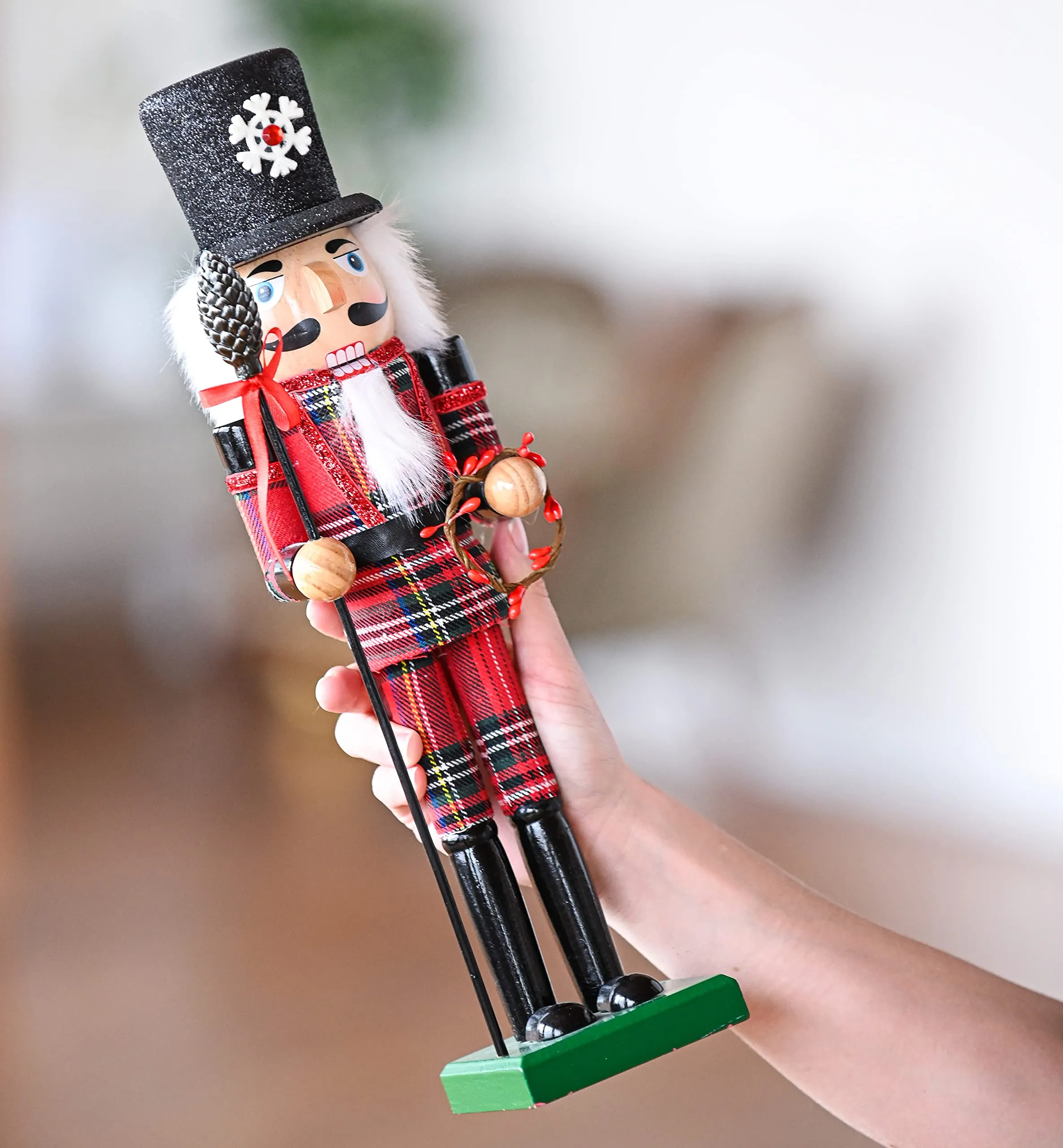 Ornativity Christmas Buffalo Plaid Nutcracker – Red and Black Wooden Nutcracker Soldier with an Acorn Staff and Holly Berries Wreath Xmas Themed Holiday Nut Cracker Doll Figure Decorations