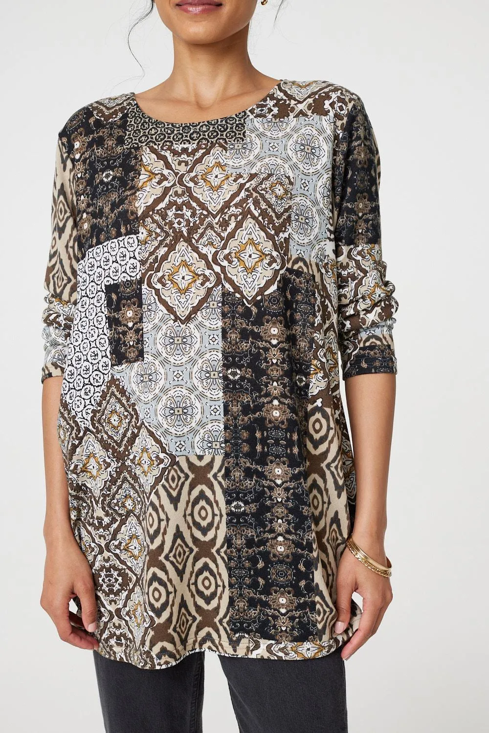 Patchwork Print Long Sleeve Scoop Neck Tunic