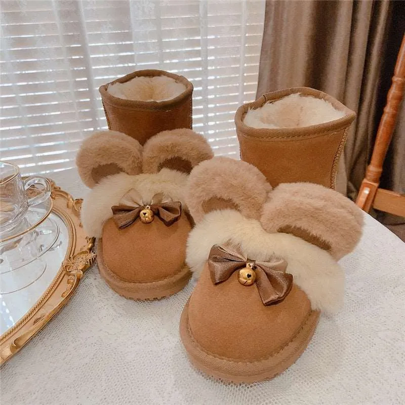 Pinky Bear Ears Bell Bow Winter Snow Brown Boots