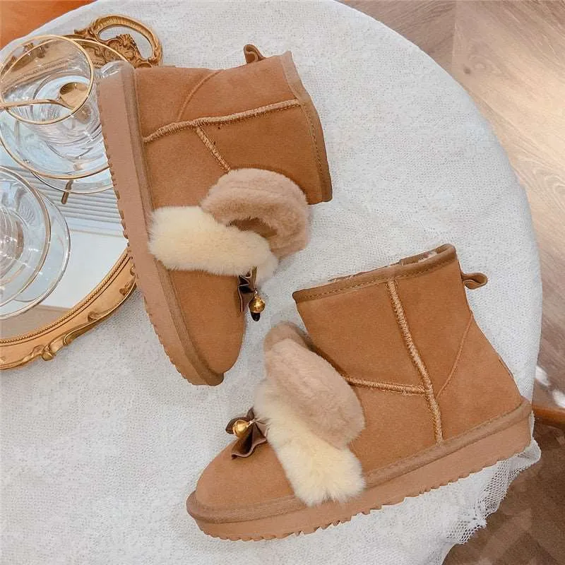 Pinky Bear Ears Bell Bow Winter Snow Brown Boots