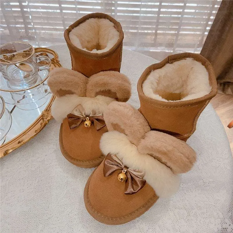 Pinky Bear Ears Bell Bow Winter Snow Brown Boots