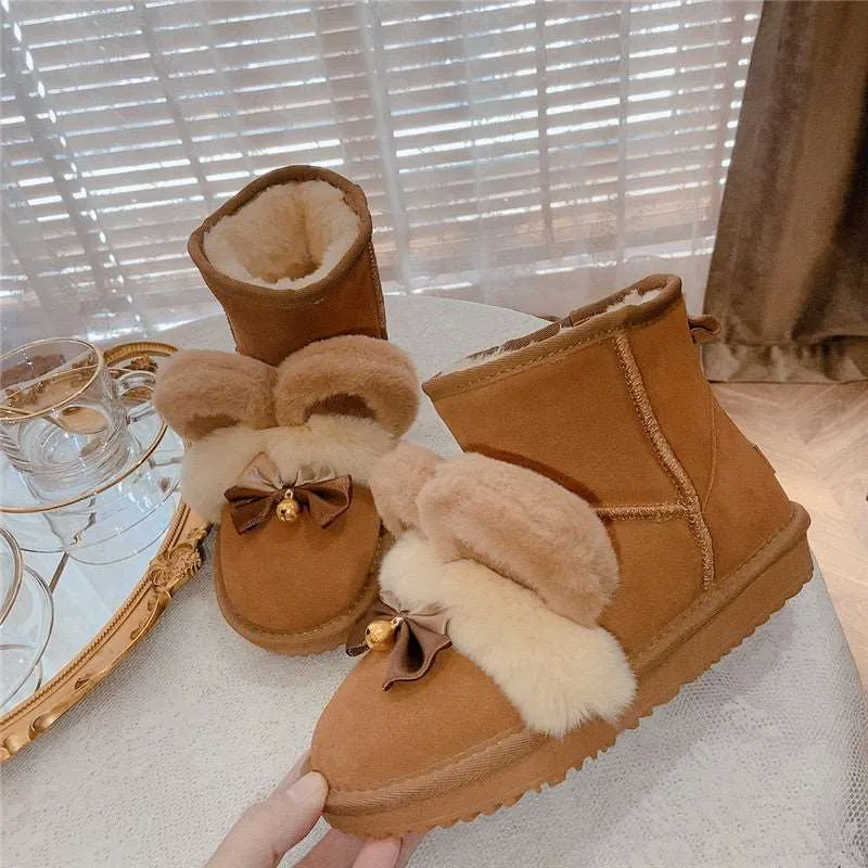 Pinky Bear Ears Bell Bow Winter Snow Brown Boots