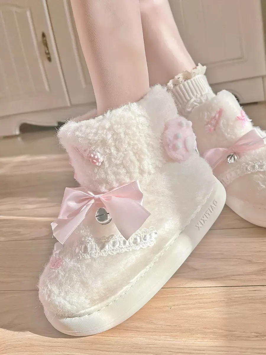 Pinky Cute Winter Plush Pink Bow Baby Lace White Snow Boots Shoes