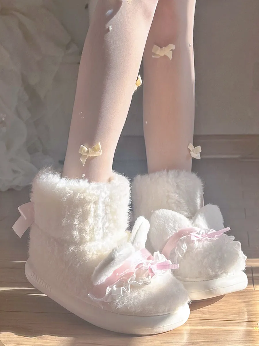 Pinky Cute Winter Plush Pink Bow Cat Ears Lace White Snow Boots Shoes