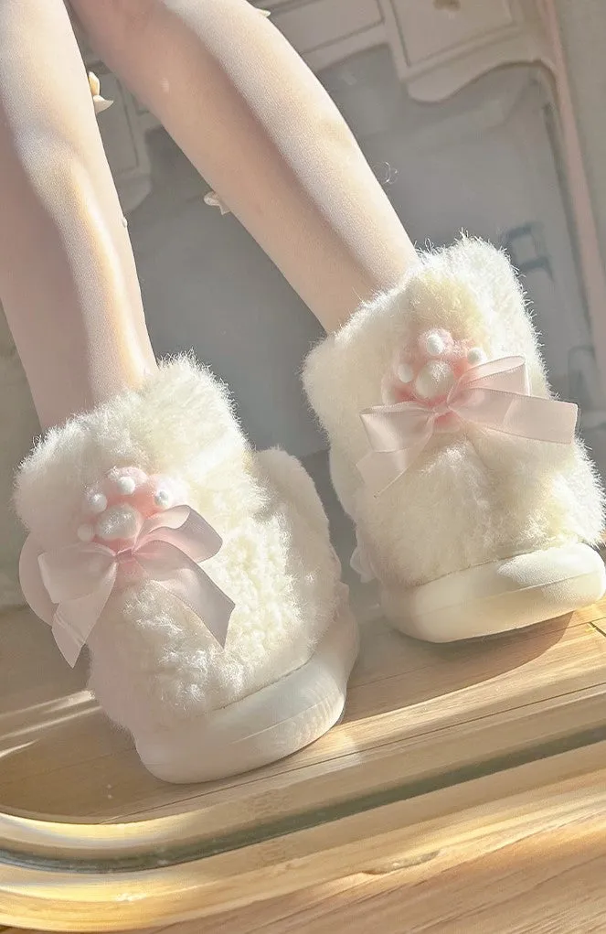 Pinky Cute Winter Plush Pink Bow Cat Ears Lace White Snow Boots Shoes