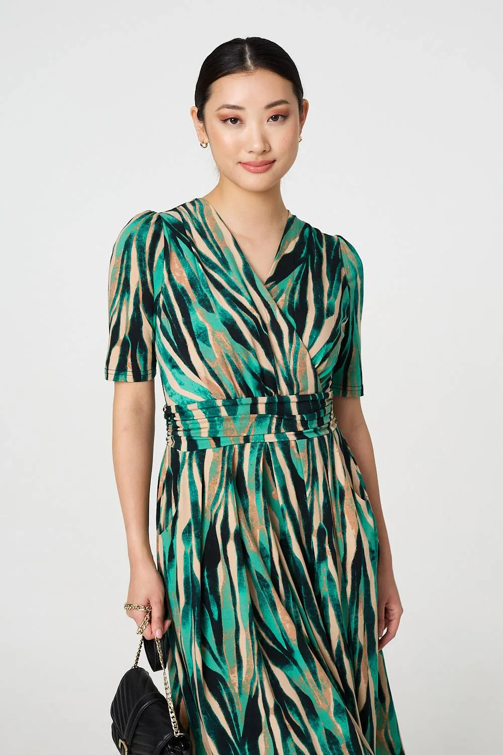 Printed 1/2 Sleeve Wrap Waist Midi Dress