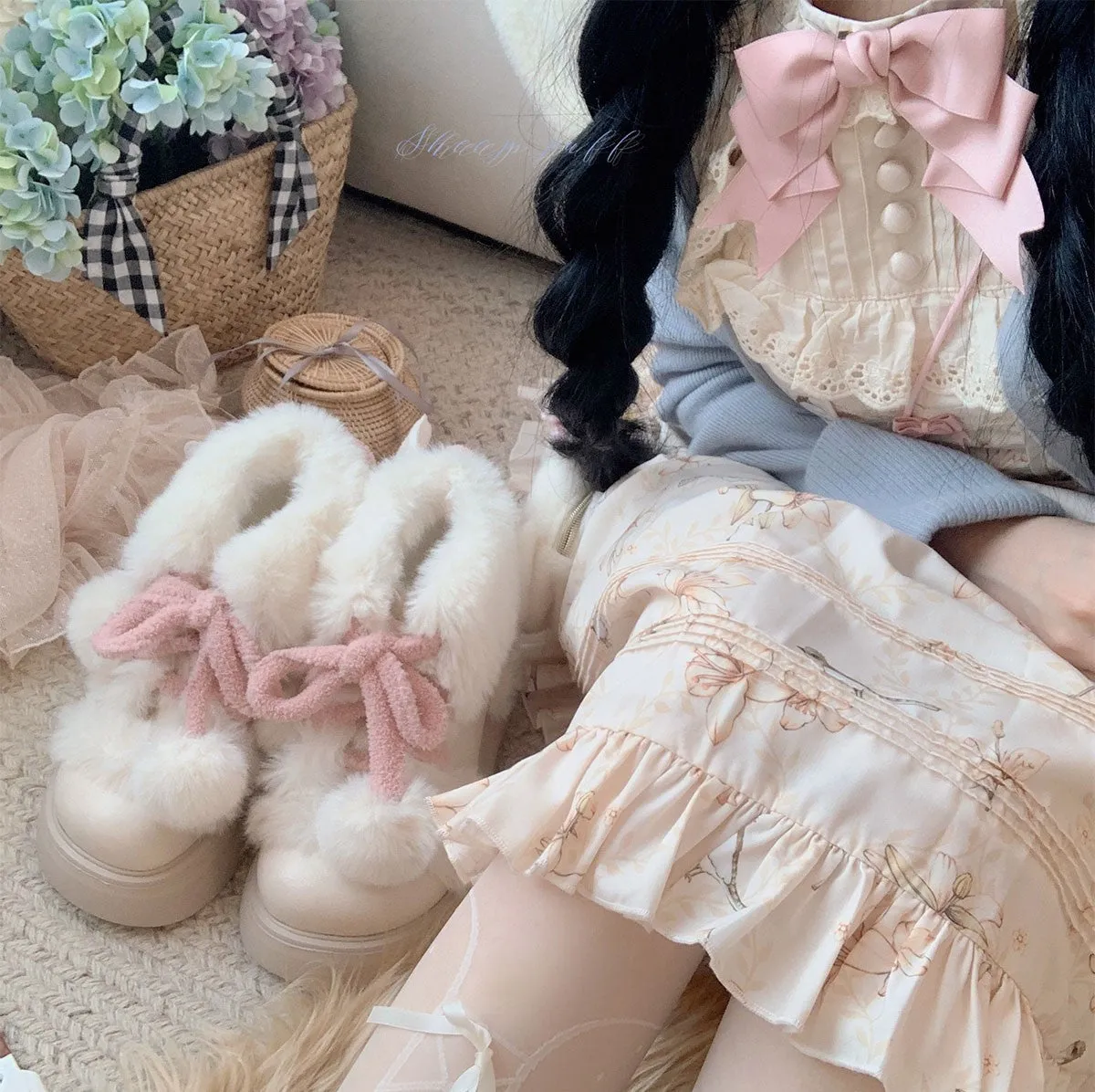 Puffy Sheep Lolita Fluffy Cupid Cute Pompom Balls Winter Fur Velvet Cotton Shoes Snow Boots