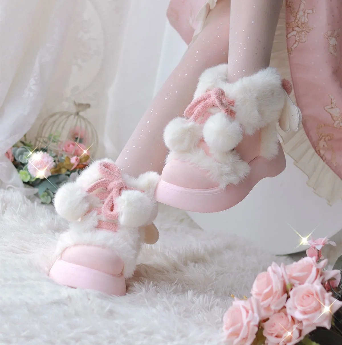 Puffy Sheep Lolita Fluffy Cupid Cute Pompom Balls Winter Fur Velvet Cotton Shoes Snow Boots