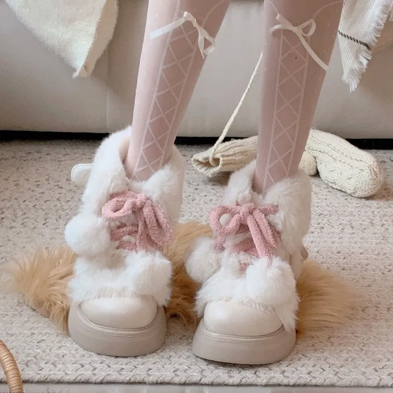 Puffy Sheep Lolita Fluffy Cupid Cute Pompom Balls Winter Fur Velvet Cotton Shoes Snow Boots