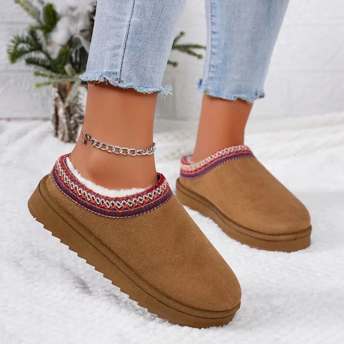 Winter Snow Boots Women New Cashmere Warm Thick Soles Without Heel-covered Hair Half Slipper Cotton Shoes Cashmere Warm Boots