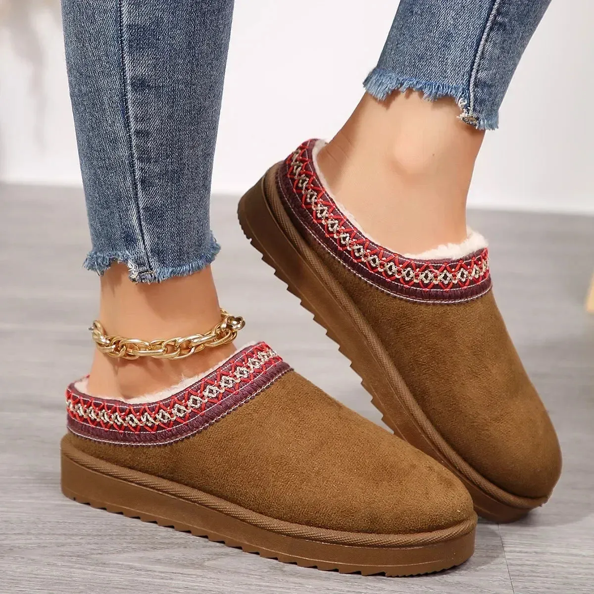 Winter Snow Boots Women New Cashmere Warm Thick Soles Without Heel-covered Hair Half Slipper Cotton Shoes Cashmere Warm Boots